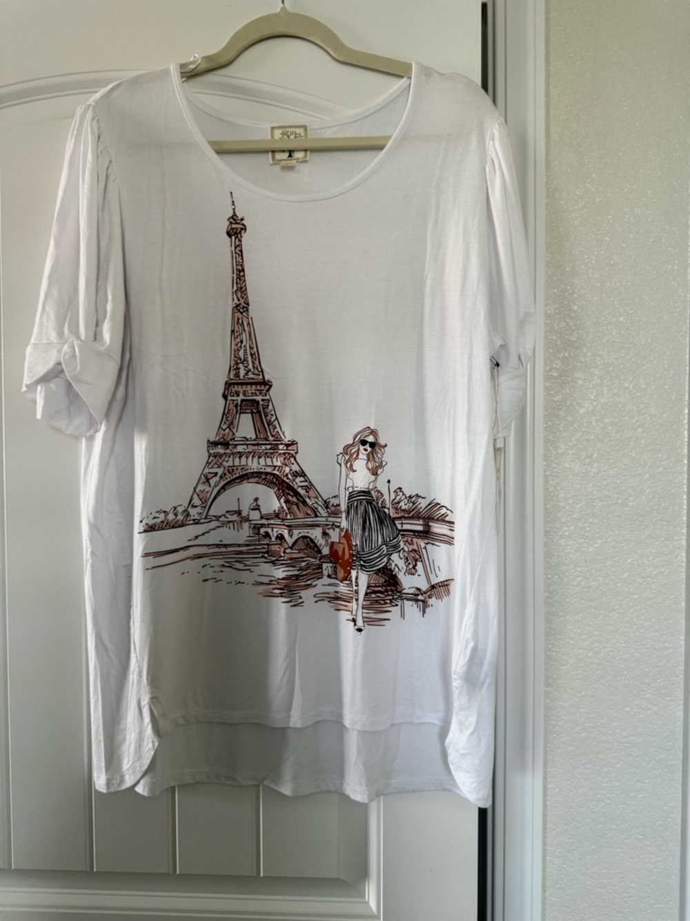 Colortree White Embellished Eiffel Tower Paris Tee Tunic Top Large NWT
